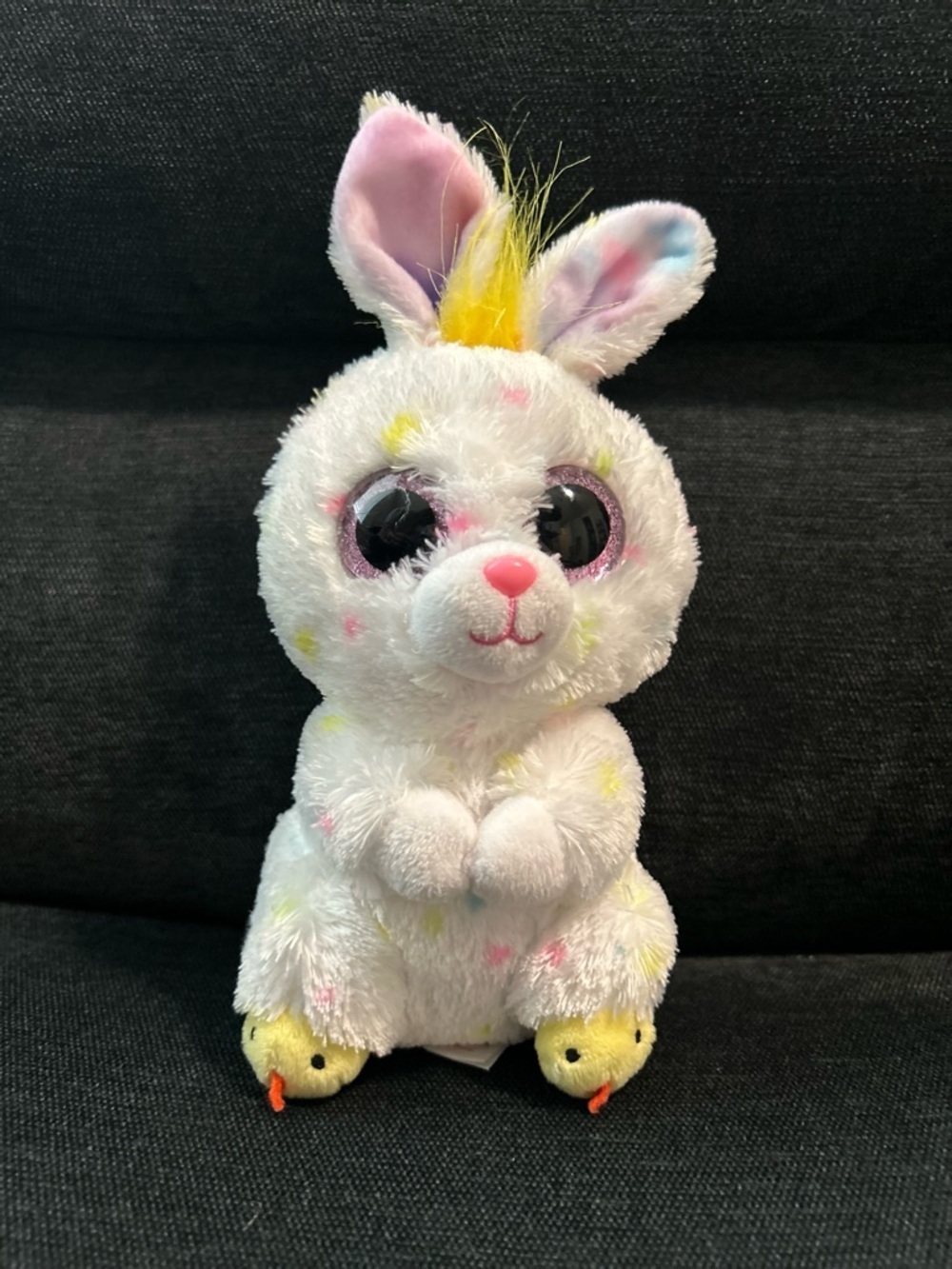 Ty White Plush Bunny with Pink, Yellow and Blue Accents